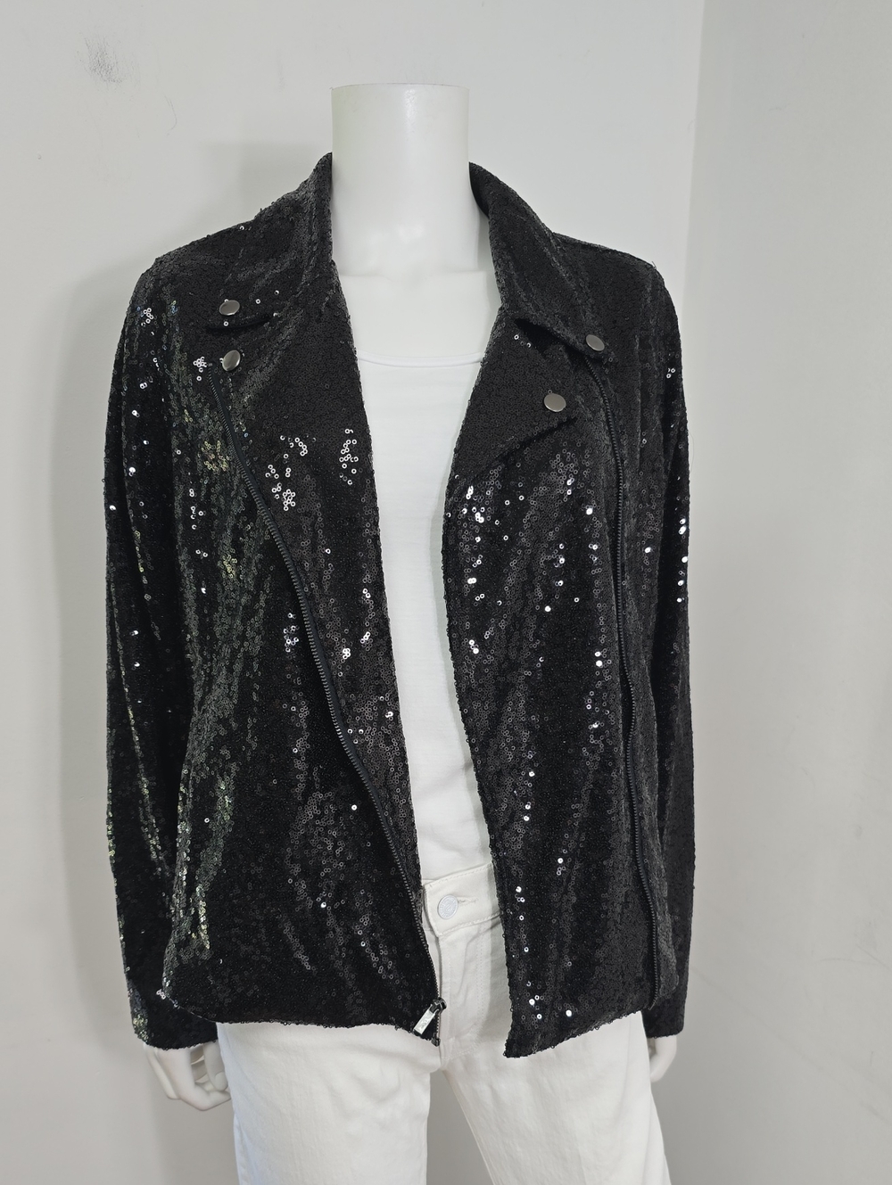 Colleen Lopez Black All Over Sequin Moto Motorcycle Evening Jacket Size XL Boho